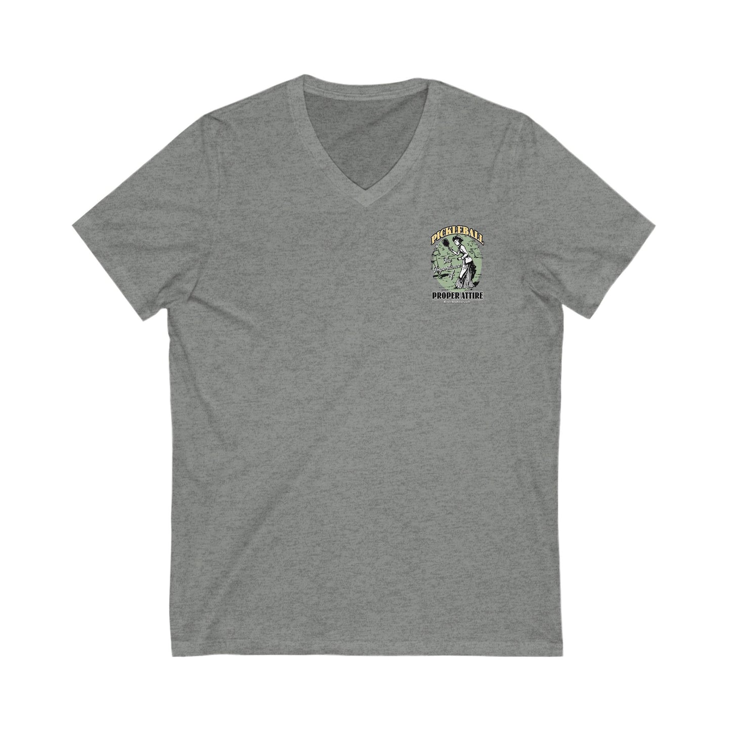 THE IMPORTANCE OF PROPER ATTIRE Unisex V-Neck Tee, Small Front Graphic