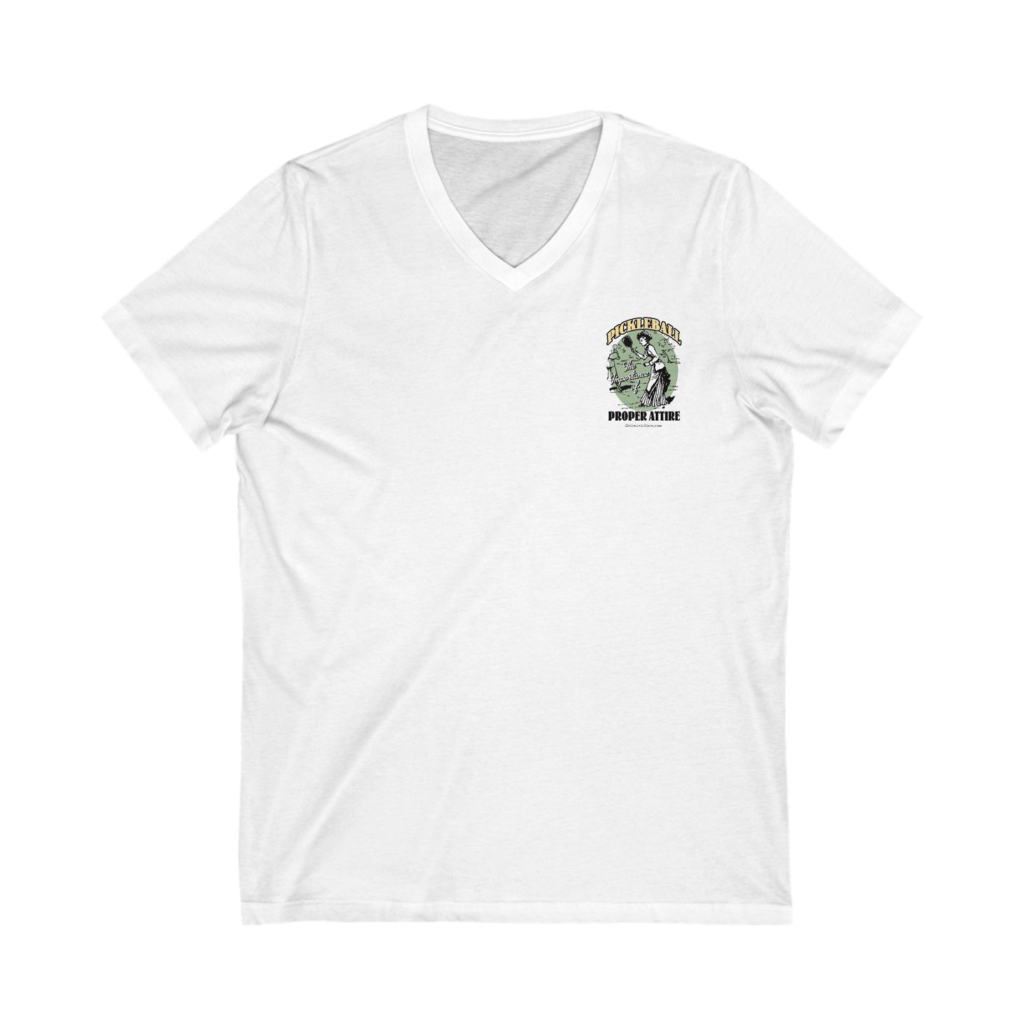 THE IMPORTANCE OF PROPER ATTIRE Unisex V-Neck Tee, Small Front Graphic